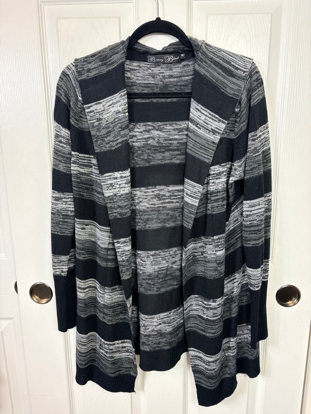 Brittany Black Hooded Striped Cardigan Size M Long Sleeve Open Front Black Gray
